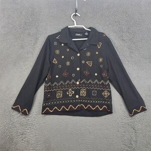 Onque Casuals Jacket Womens Medium Black Embroidered Beaded Cardigan Boho